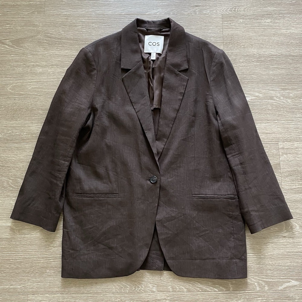 COS Linen Blend Blazer Women's 12 Brown Preppy Lightweight Professional Business